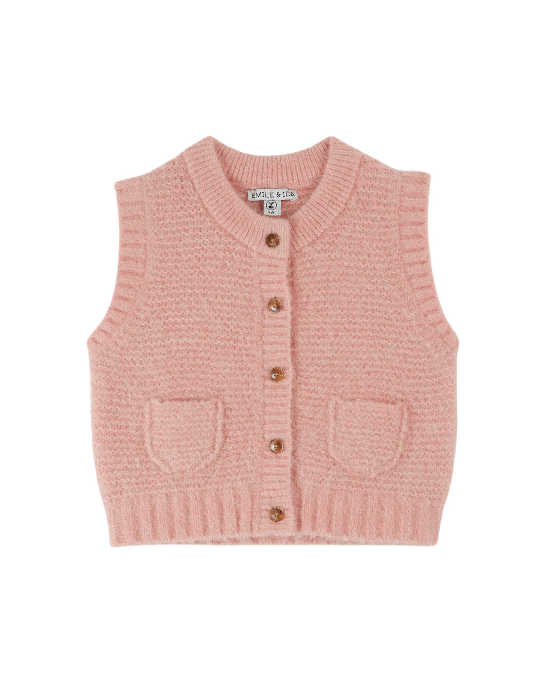 Roze mouwloze babycardigan van Emile et Ida met knoopsluiting en zakken