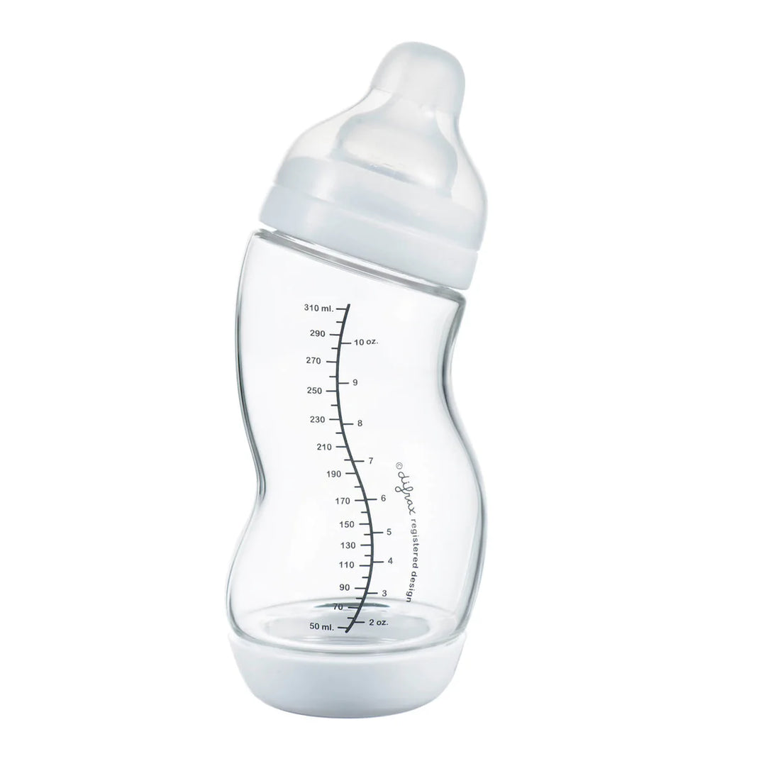 Difrax glazen S-fles 310ml wit met anti-koliek bodem en siliconen speen