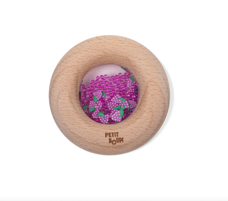 Petit Boum sensorische houten donut met druiven en rammelgeluid