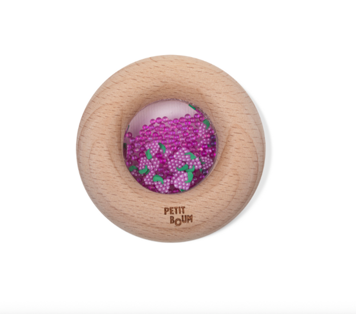 Petit Boum sensorische houten donut met druiven en rammelgeluid