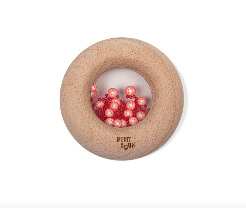 Petit Boum sensorische houten donut met tomaten en rammelgeluid