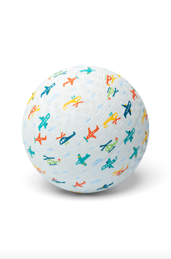 Lichtblauwe speelbal van rubber met vliegtuigenprint, 18 cm