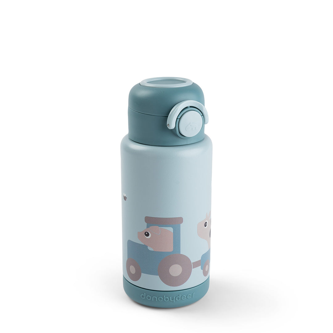 Isolerende drinkfles Done by Deer 340 ml in blauw met dierenprint