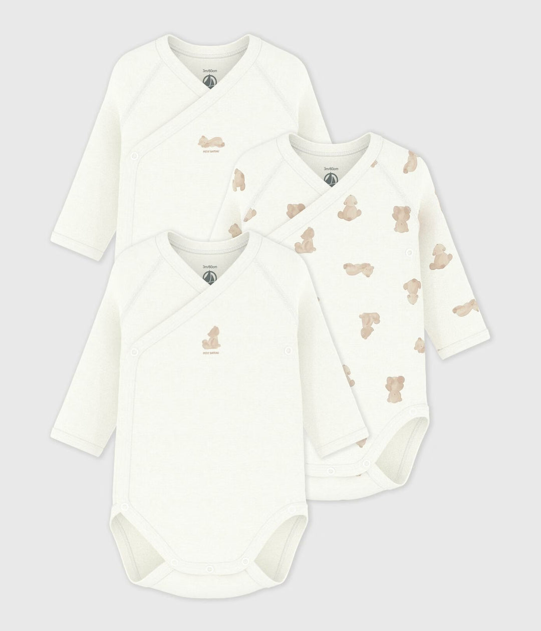 Petit Bateau 3-pack body’s met beerprint en effen designs voor baby’s
