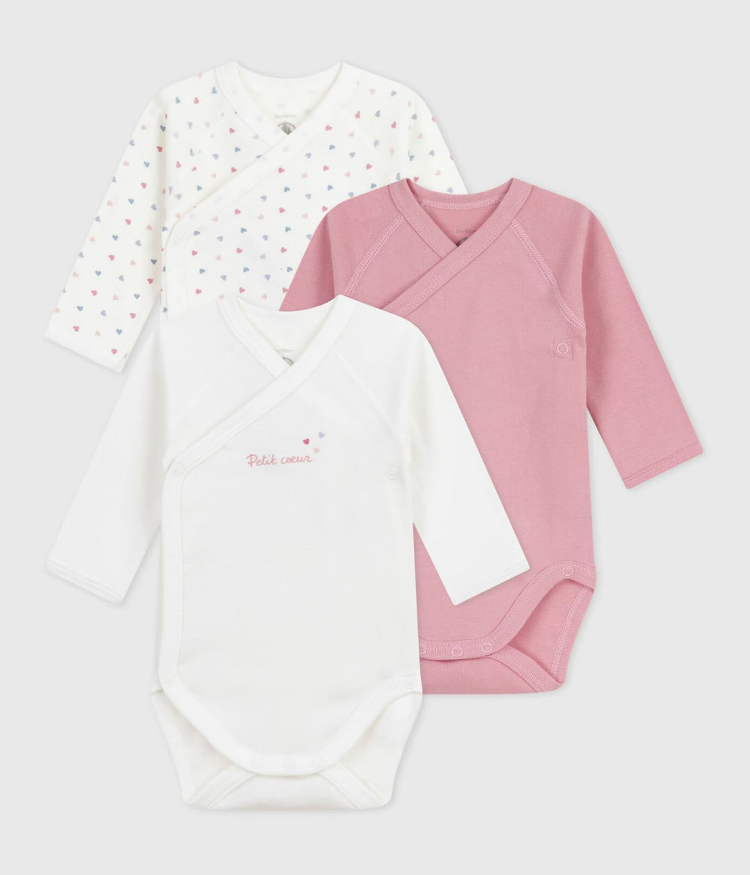 3-pack Petit Bateau meisjesrompertjes van katoen met lange mouwen