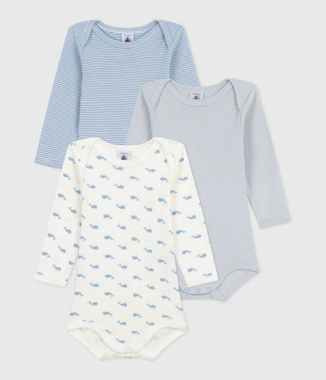 3-pack uniseks Petit Bateau body’s met walvisprint en strepen