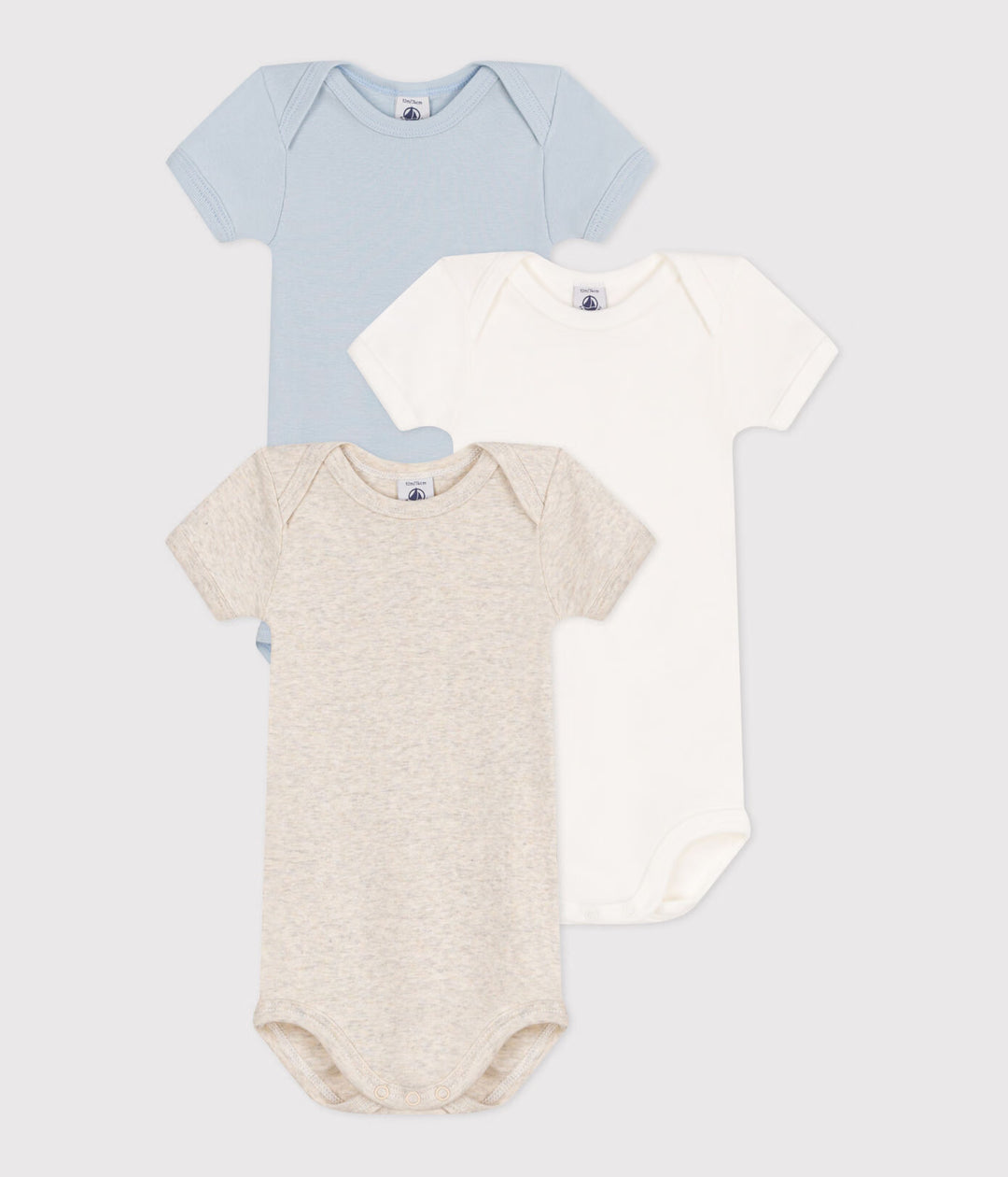 3-pack Petit Bateau korte mouwen body’s in wit, blauw en beige