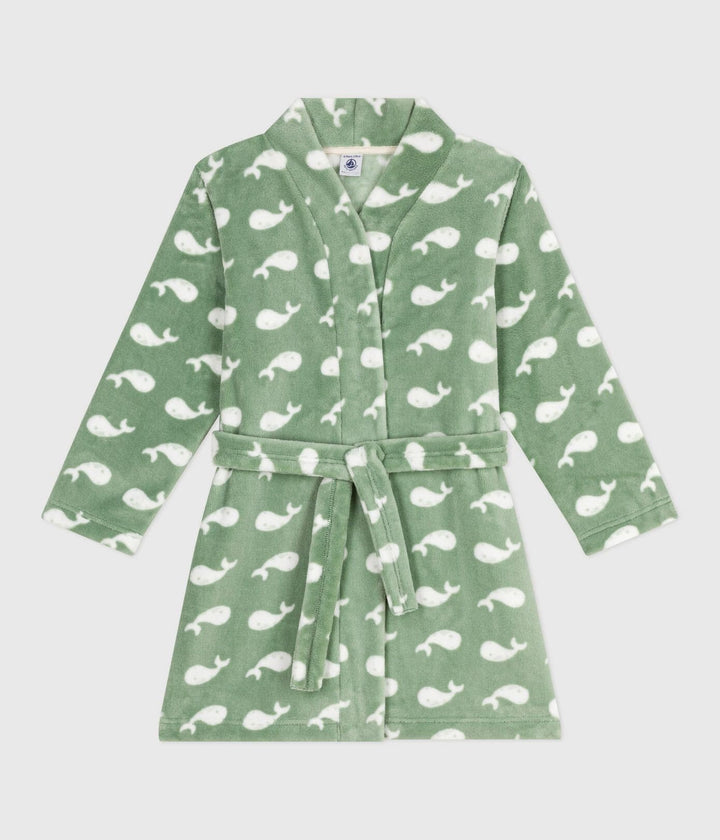 Petit Bateau fleece badjas met walvissenprint in Saule / Marshmallow