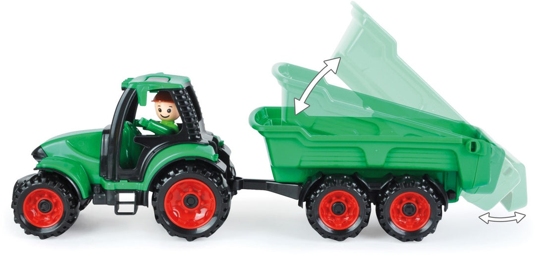 Lena Truckies tractor met kantelbare aanhanger en speelfiguur, 36cm, groen
