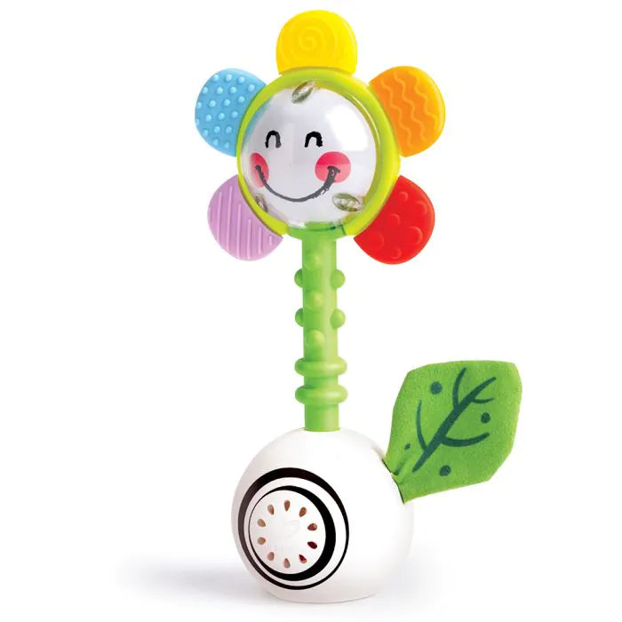 Hape bloemvormige rammelaar met lichtjes, geluid en zachte siliconen blaadjes