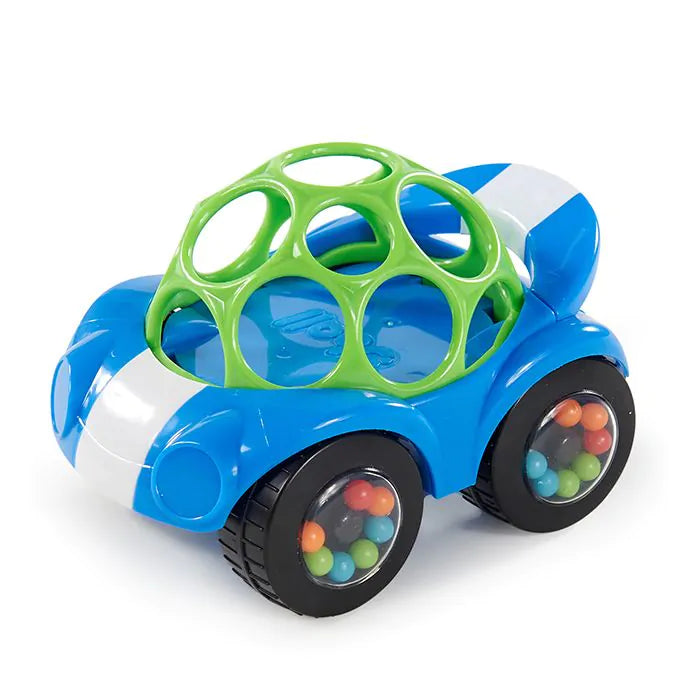 Blauwe houten rammelauto voor peuters van Hape, model Rattle Roll Buggie