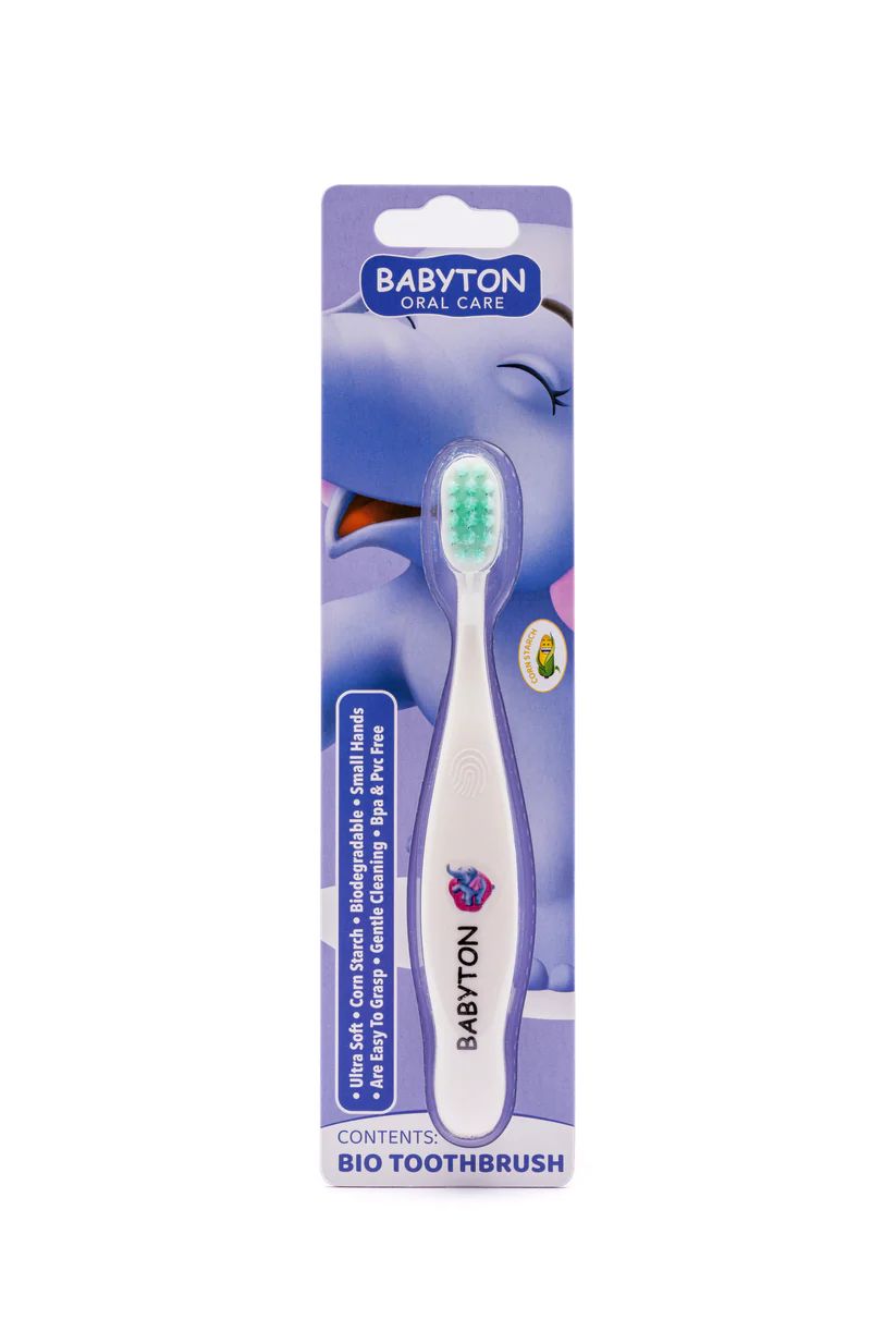 Bio tandenborstel Babyton met olifant-illustratie en zachte haren