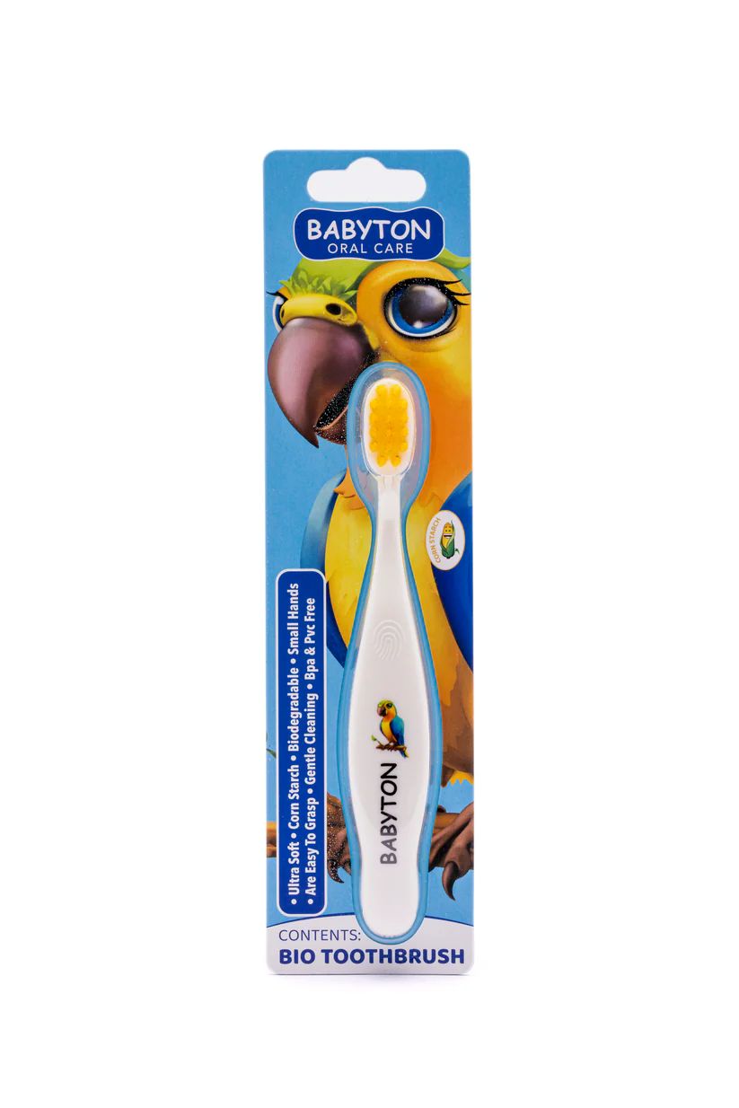 Bio tandenborstel Babyton met papegaai-design en zachte haartjes