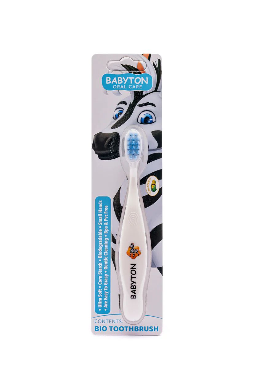 Bio tandenborstel Babyton met zebra-print en zachte haartjes