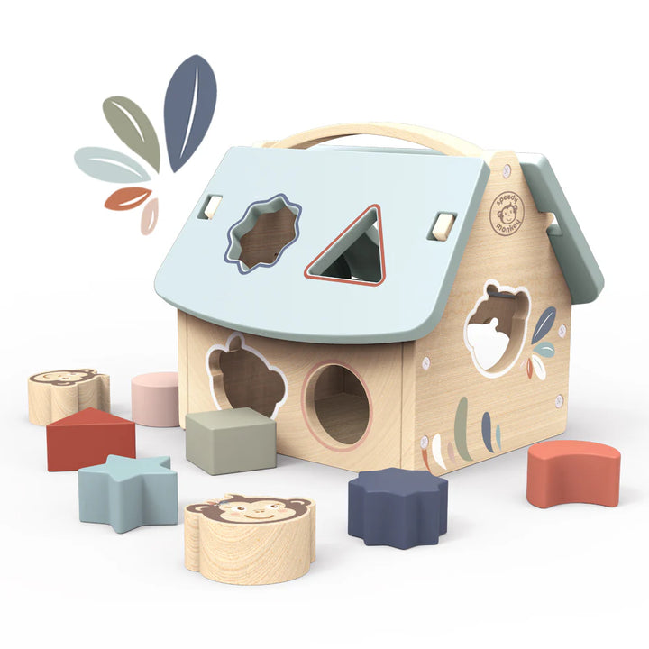 Speedy Monkey houten sorteerbox huis – vormenstoof met blokken en blauw dak
