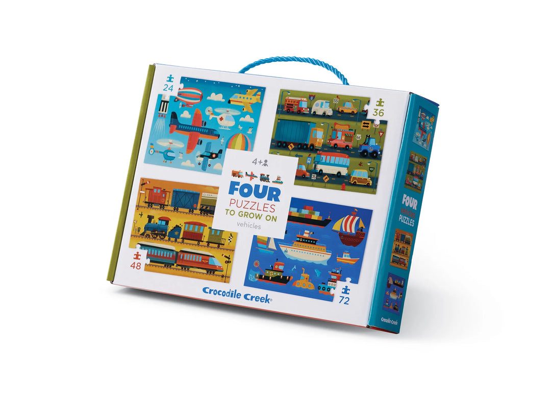 Set van 4 Crocodile Creek voertuigenpuzzels met oplopende moeilijkheid