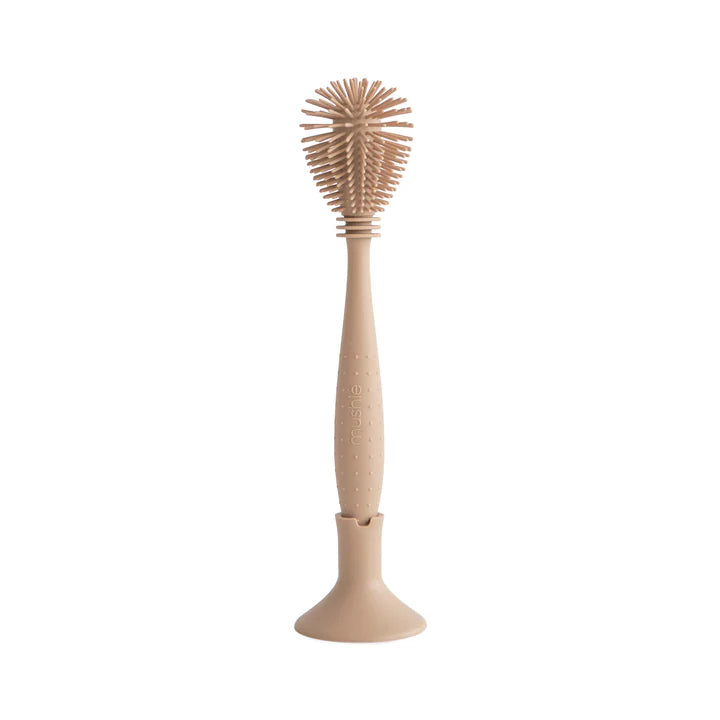 Mushie siliconen flessenborstel 2-in-1 met zuignap en opbergruimte voor kleine borstel