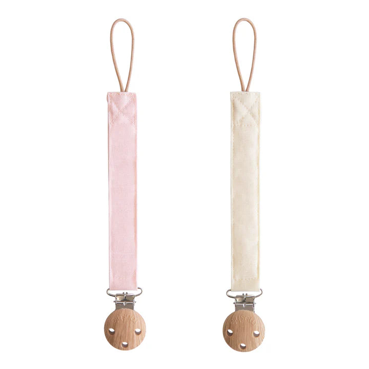 Mushie fopspeenkoorden set van 2 in blush en cream linnen met siliconen clip