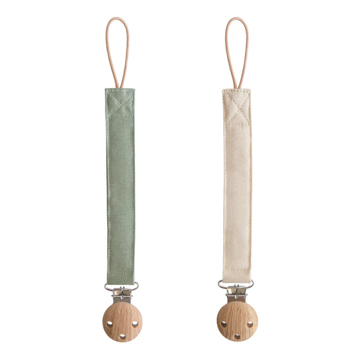 Mushie fopspeenkoorden in linnenlook beige met houten clip – set van 2