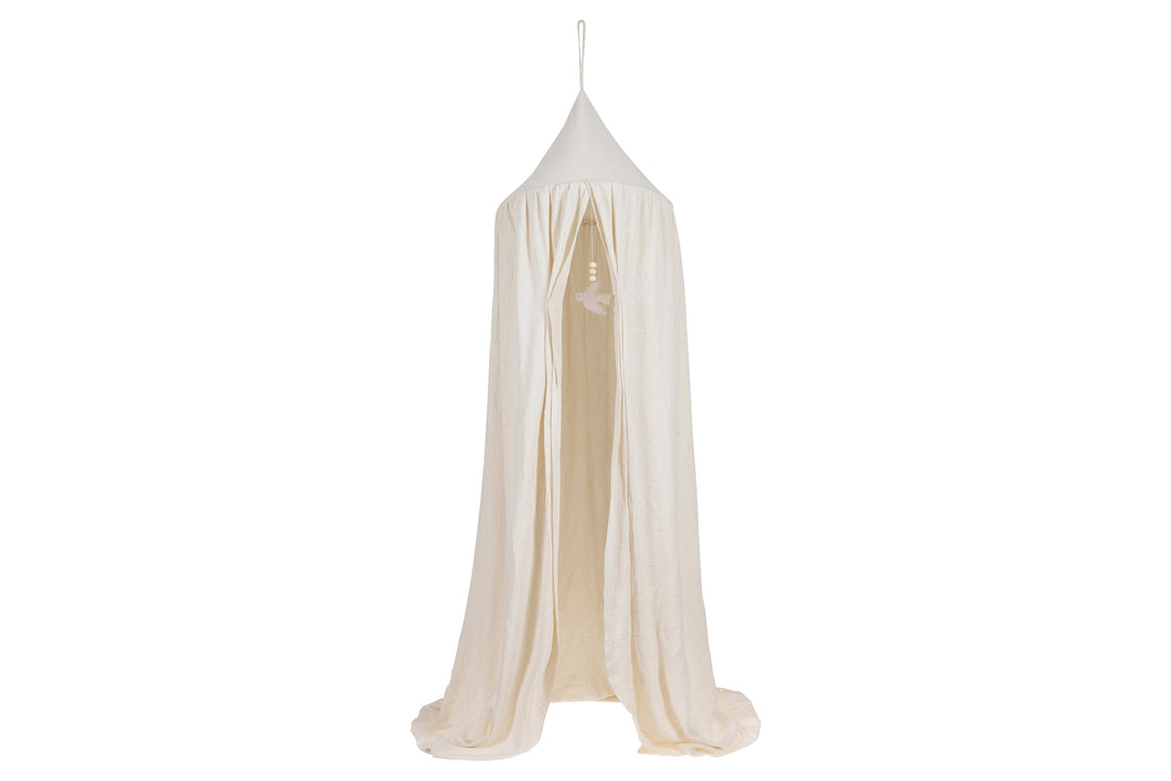 Nanami hemel van katoen-linnen mouseline met vogeltje en houten kralen