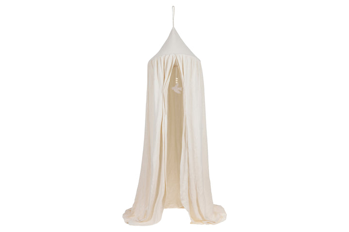 Nanami hemel van katoen-linnen mouseline met vogeltje en houten kralen