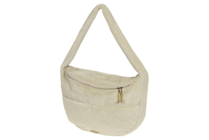Nanami fluffy beige tas met rits, buitenvakken en lange schouderhengsels