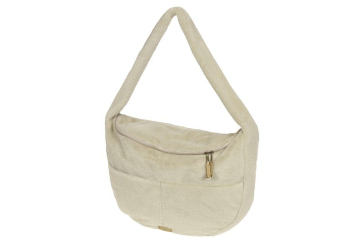 Nanami fluffy beige tas met rits, buitenvakken en lange schouderhengsels
