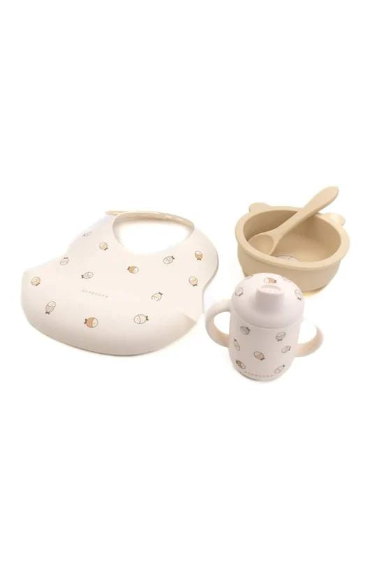 Bamboom eerste maaltijdset met slab, beker en bord in vissenmotief