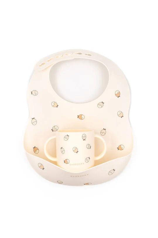 Bamboom siliconen slab en beker set met vissenmotief, zacht en veilig voor baby