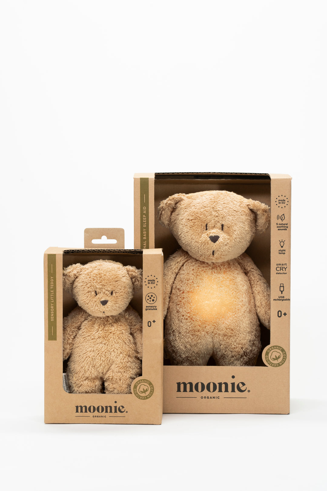 Moonie sensorische teddybeer cappuccino – biologisch katoen knuffel