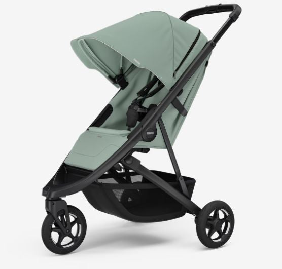 Thule Spring 2 in Mist Green on Black met comfortzitje en all-terrain banden
