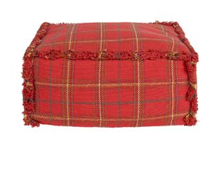 Lorena Canals handgeweven kinderpoef in Mapple Red met ruitjespatroon en franjes.