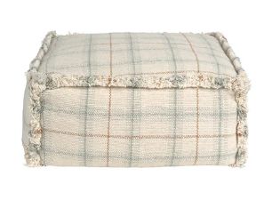 Lorena Canals kinderpoef Blue Sage met ruitjespatroon en franjes, handgeweven en wasbaar.