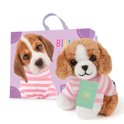 Mini Beagle knuffelpup Billie in trui met koffertje en paspoortje