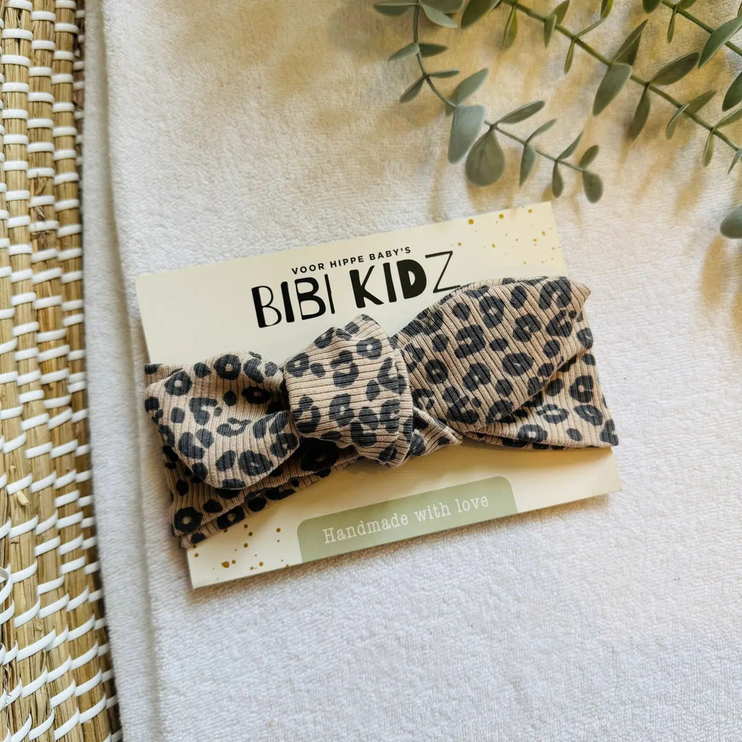 Bibi Kidz haarband luipaard donker beige – verstelbare knoop haarband voor kinderen