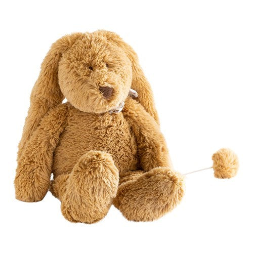 Muziekknuffel Flo konijn in karamel met trekstaart en Liberty-strik