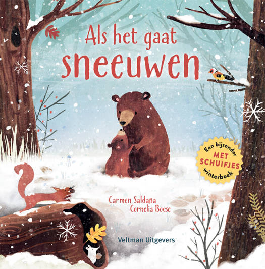 Kinderboek "Als Het Gaat Sneeuwen" met rijm en schuifjes, twee vossen in de sneeuw.