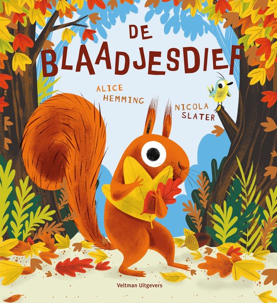 Prentenboek "De Blaadjesdief" met Eekhoorn in een boom vol verdwijnende bladeren.