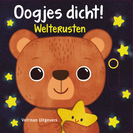 Bedtijdboek "Oogjes Dicht! Welterusten" met dieren en schuifbare oogjes.