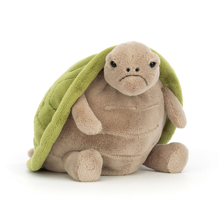 Jellycat knuffel Timmy Turtle in groen met zacht schild en nuchtere blik