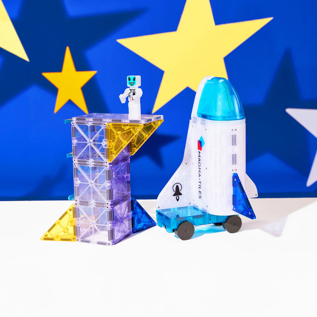 Magnetische bouwblokken Space set met 32 kleurrijke stukken en Micromags, inclusief Space Shuttle