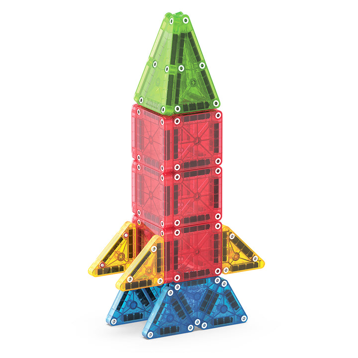 Compacte Magna-Tiles Travel set met 26 kleurrijke magnetische bouwblokken en Micromags, ideaal voor onderweg