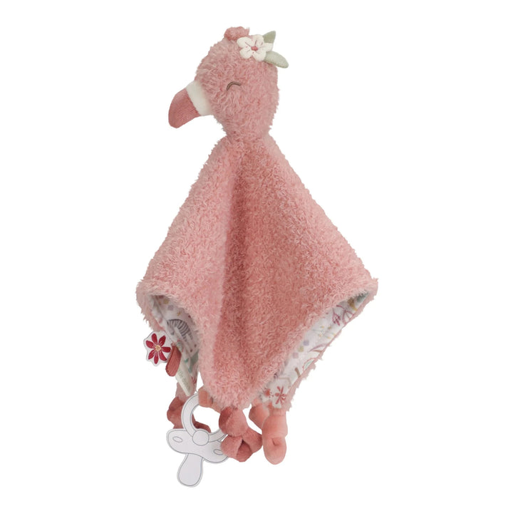 Little Dutch Safari Friends flamingo knuffeldoekje in roze met labels en lusje voor speen of bijtring.