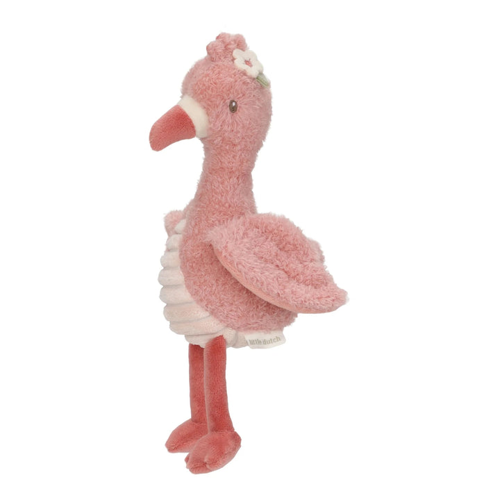 Little Dutch Safari Friends flamingo knuffel van 17 cm in roze met speelse structuren en bloemetje.