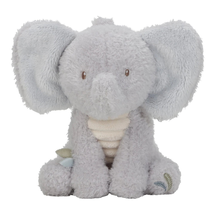 Little Dutch Safari Friends olifantenknuffel in grijs met grote oren en speelse blaadjes.