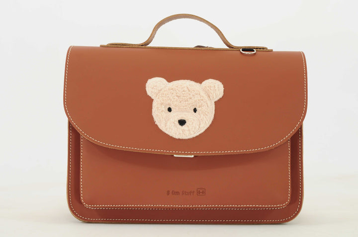 Own Stuff Teddy boekentas in Chestnut van splitleder met teddybeer en LED-hanger.