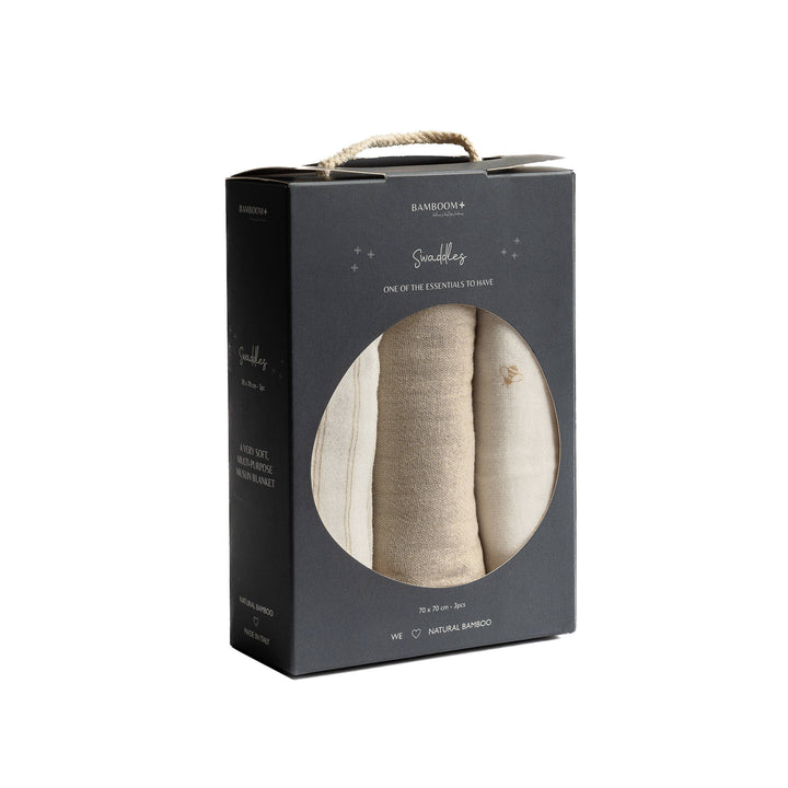 Bamboom Medium tetradoeken 70 x 70 cm 3-pack met Stripes-print van bamboeviscose en katoen.