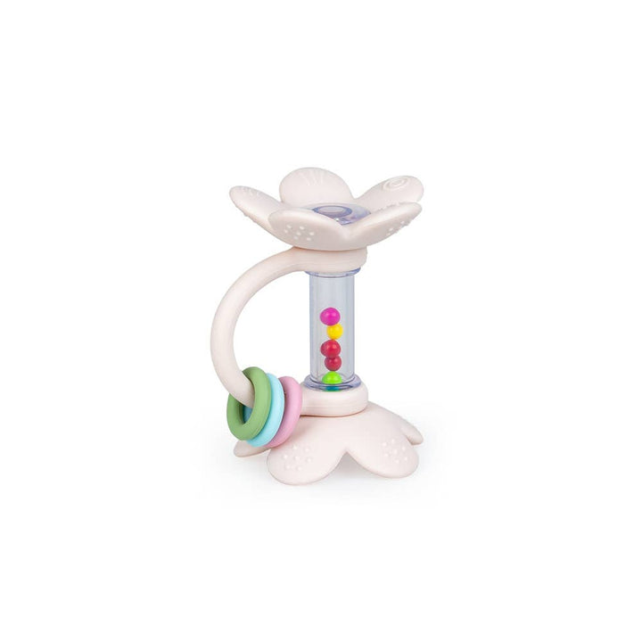 Dumel bijtring met rammelende bloemen in pastelkleuren voor baby's met doorkomende tandjes.