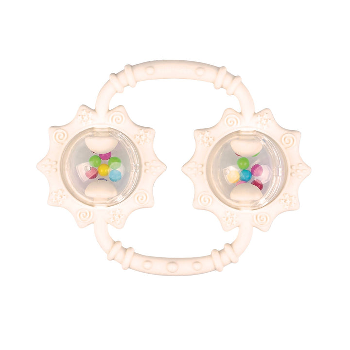 Dumel zonnebloem bijtring met rammelaar in beige voor baby's met doorkomende tandjes.