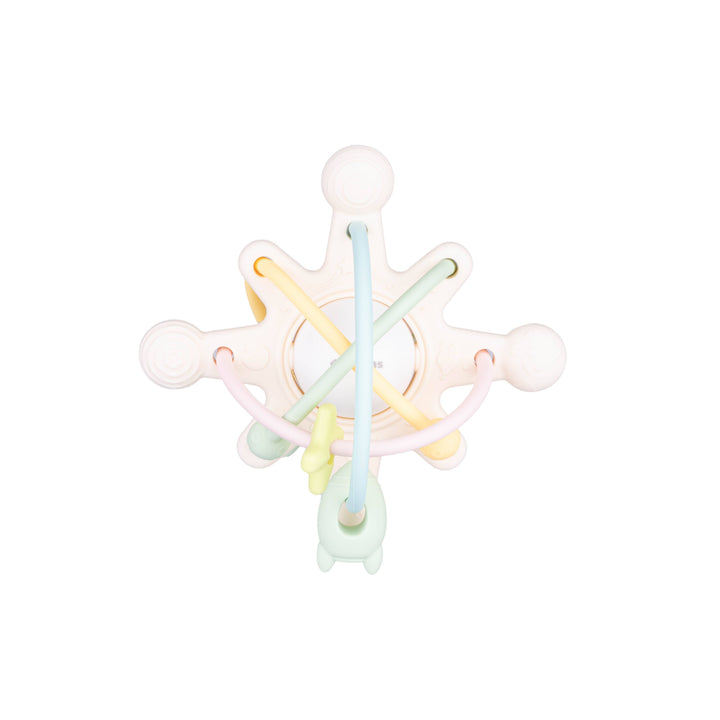 Dumel Cosmos bijtspeeltje met rammelaar in pastelkleuren voor baby's.